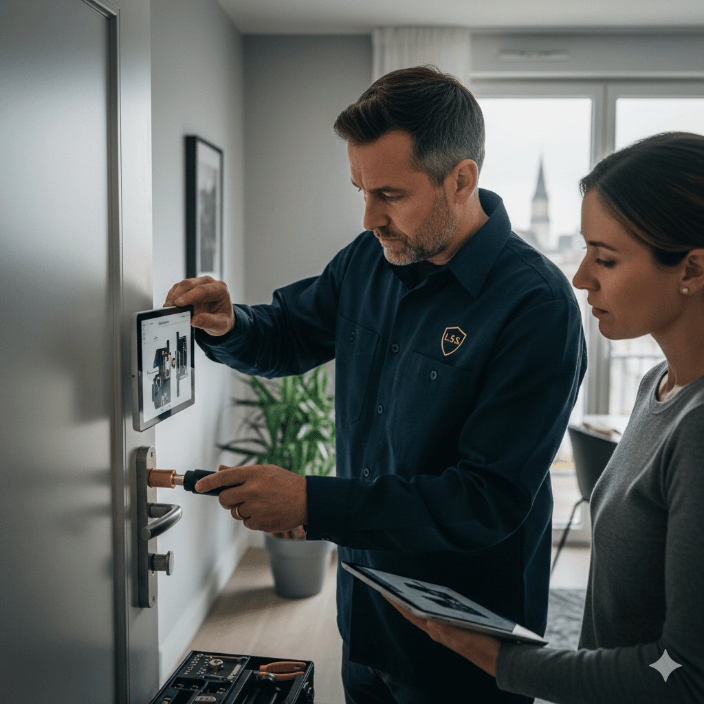 Expert réalisant un audit de sécurité sur une porte blindée à Strasbourg